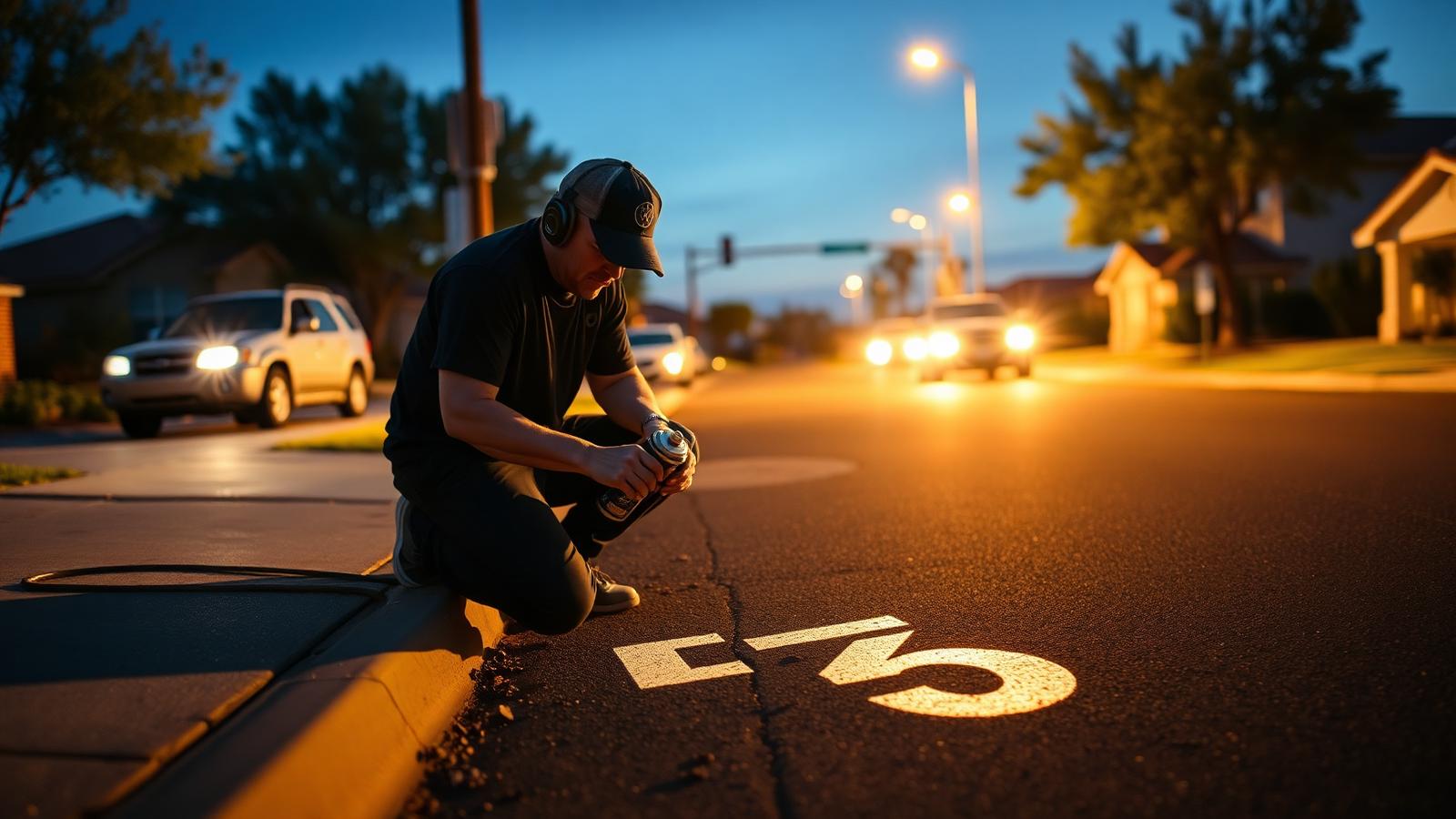 Curb painter stenciling reflective house numbers at dusk in a Maricopa neighborhood